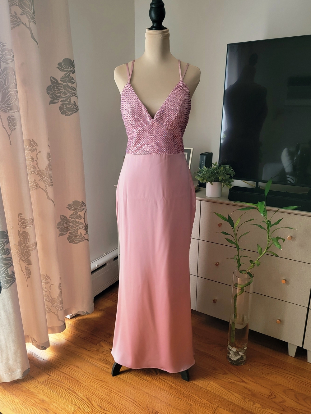 Portia & Scarlett Pink Beaded Rhinestone Satin Formal Gown